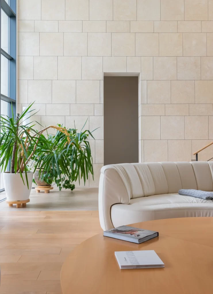 Bright modern living room with a curved sofa and large windows