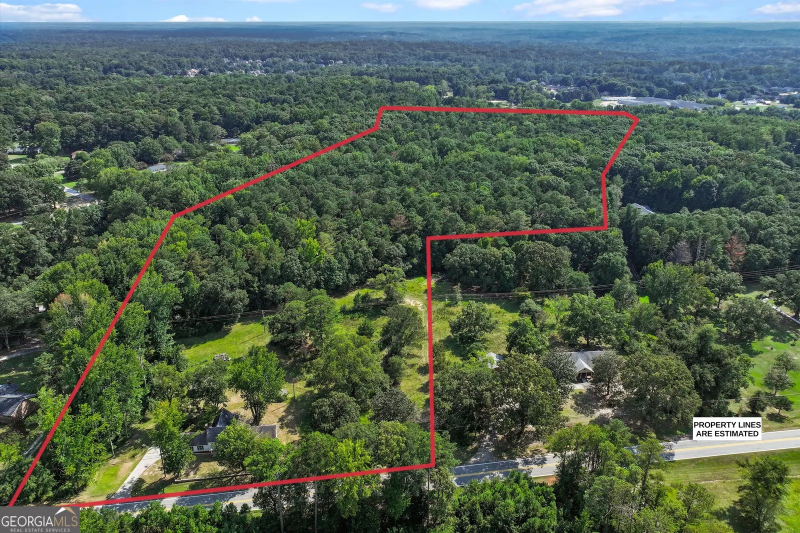 Aerial of the full parcel outlined in red, with the tree line and horizon beyond