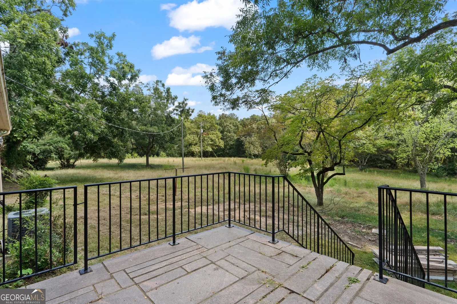 Rear patio with an iron railing, looking out over the open yard