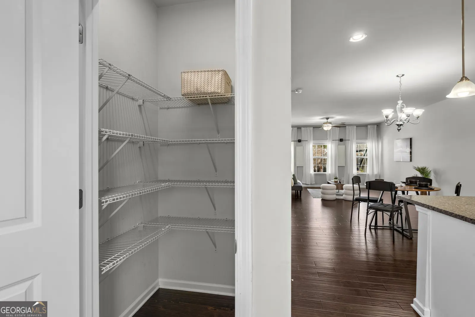Walk-in pantry with wire shelving, next to the kitchen