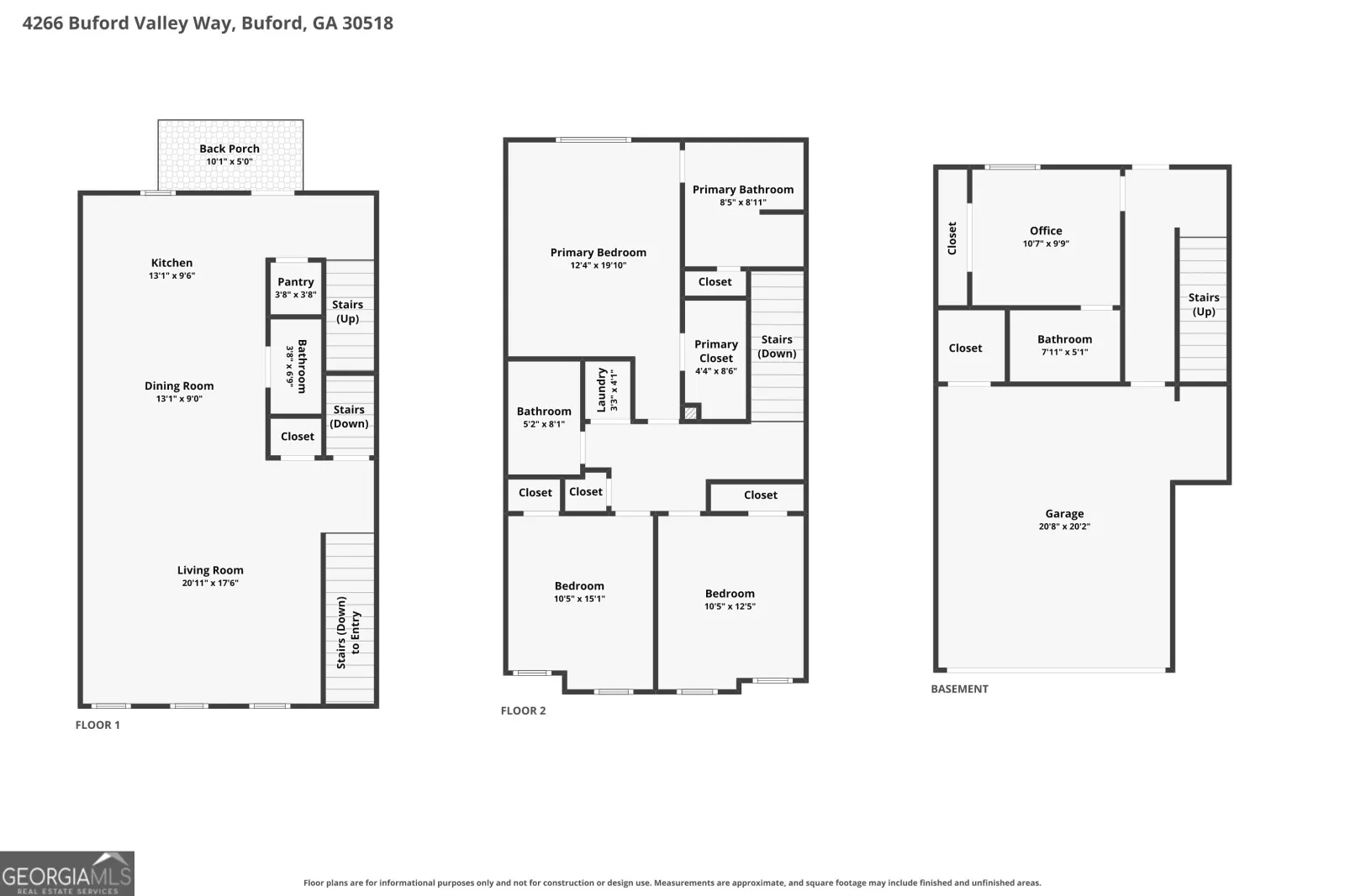 Floor plans of all three levels: kitchen, dining and living room on the main floor; the primary suite, two bedrooms and laundry upstairs; a bedroom, bath and garage at entry level